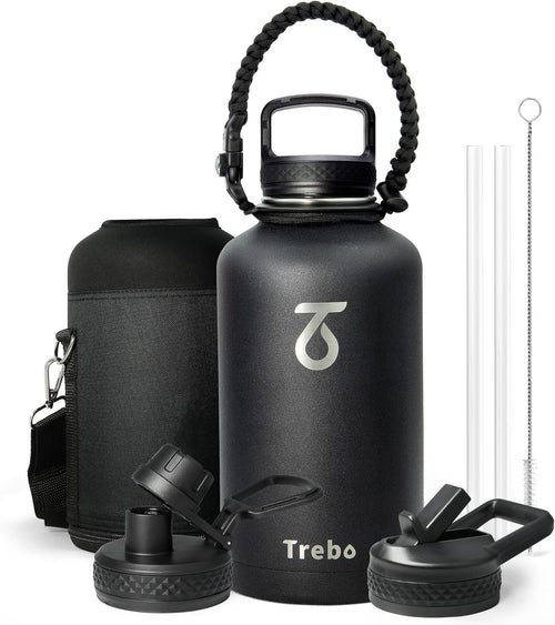 Half Gallon Water Bottle with Paracord Handle - Trebo 64oz Wide Mouth Insulated Double Wall Stainless Steel Large Sports Flask Keep Hot 24 Hours & Cold 48 Hours Water Jug with 3 Lids, Black
