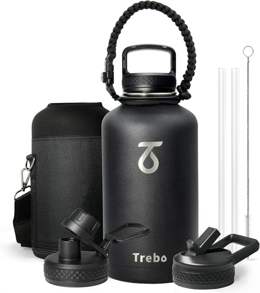 Half Gallon Water Bottle with Paracord Handle - Trebo 64oz Wide Mouth Insulated Double Wall Stainless Steel Large Sports Flask Keep Hot 24 Hours & Cold 48 Hours Water Jug with 3 Lids, Black