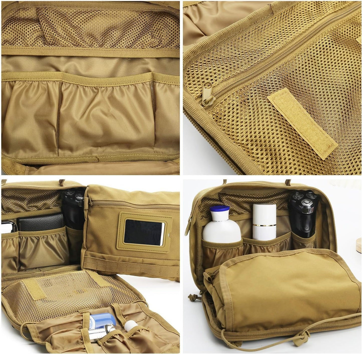 SMONT Tactical Toiletry Bag for Men, 9.5" Hanging Dopp Kit Shaving Hygiene Bag for Traveling Bathroom, Khaki, Travel