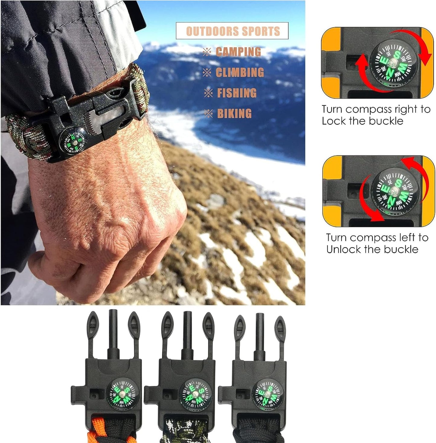 6 Pack Paracord Survival Bracelet, multitools, fire starter, compass, and whistle. Perfect for hiking, camping, fishing and hunting gear emergency kit.(Orange and black, black, army green, 2 pieces each)