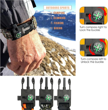 6 Pack Paracord Survival Bracelet, multitools, fire starter, compass, and whistle. Perfect for hiking, camping, fishing and hunting gear emergency kit.(Orange and black, black, army green, 2 pieces each)