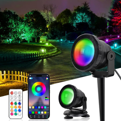 ASTRAEA RGB Outdoor LED Spot Lights, 12W Color Changing Landscape Spotlights Lighting with Remote Control & APP, Music Sync & Timer, Waterproof Spotlights Uplighting for Yard Garden Pathway, 2 Pack