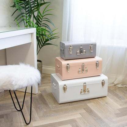 Metal Storage Trunks, Set Of 3, White, Pink & Grey - Storage Chests With Lockable Clasps/Stackable Storage Bedroom, Living Room, Toy Box & Blanket Organiser