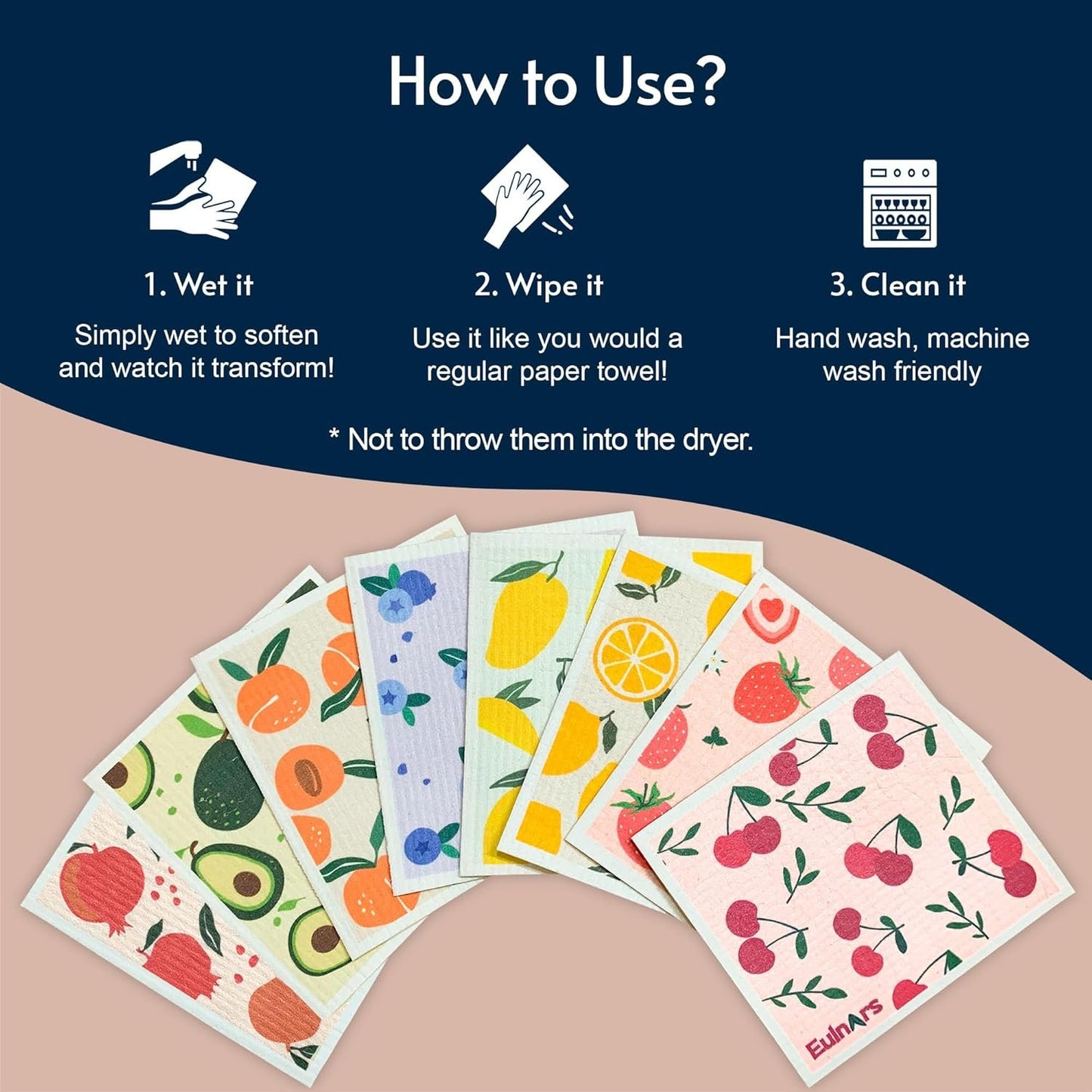 Eulnars Swedish Dish Cloth, 8 Pack Fruit Swedish Dishcloths for Kitchen, Reusable Paper Towels Washable, Biodegradable, Non-Scratch Cellulose Sponge Cloths, No Odor
