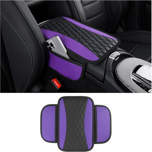 Color Blocking Design Car Center Console Cover,Leather Car Armrest Cover with 2 Storage Bags,Universal Anti-Slip Car Arm Rest Cover Car Accessories Interior for Car SUV Truck (Purple)