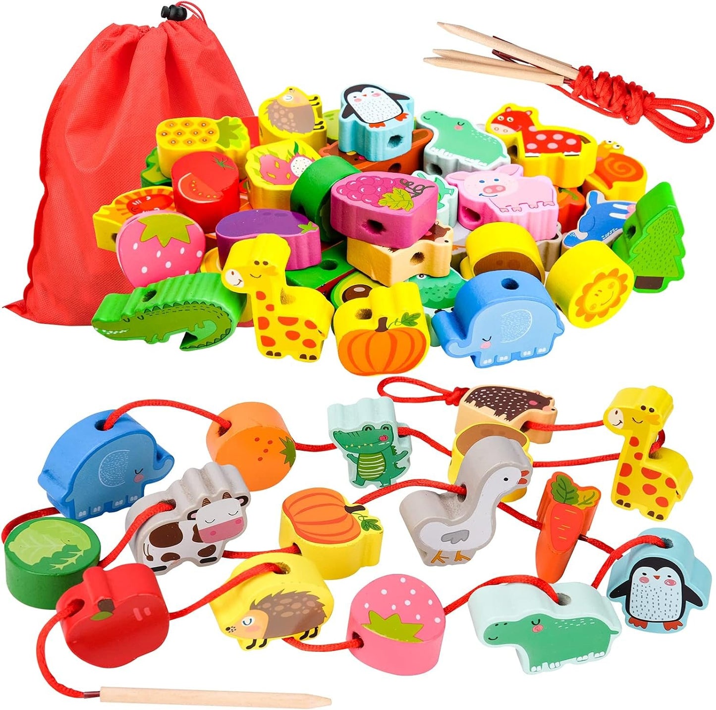 LITTLEFUN Preschool Montessori Wooden Threading Toys with Animals Fruits Number Alphabet Traffic Beads for Kids Toddler - Best Toy Gifts