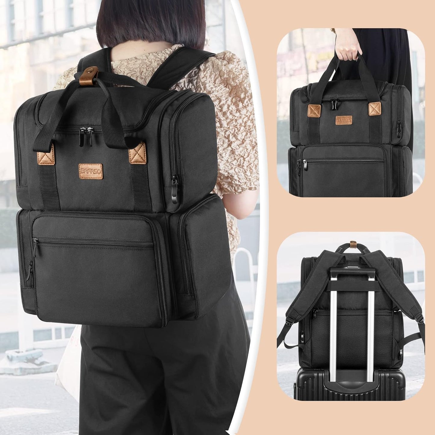 BAFASO Cosmetic Bag Backpack with 3 Removable Inner Pockets, Travel Makeup Bag with Multiple Pockets, Black