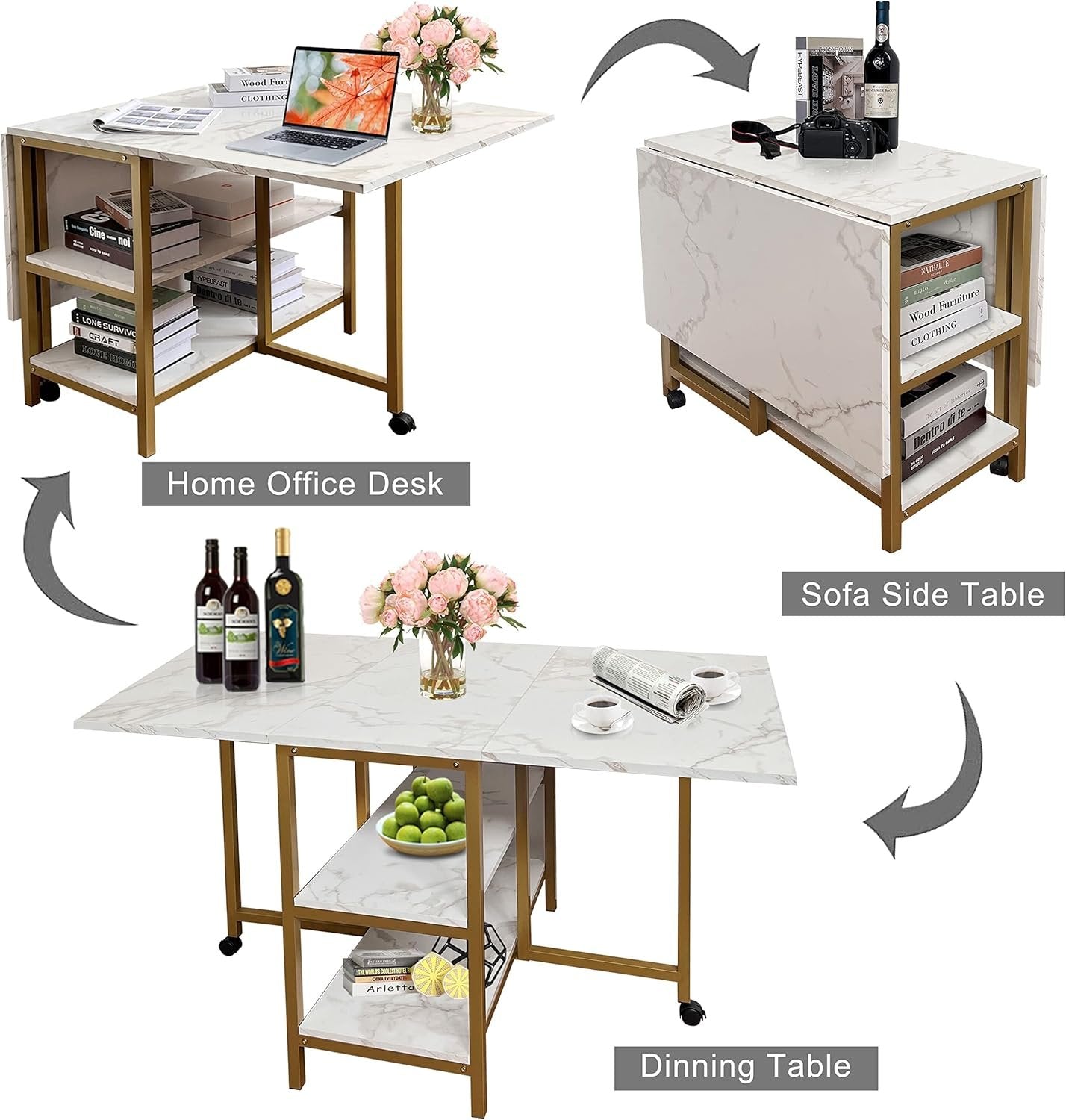 AT-VALY Folding Dining Table with 2 Storage Open Shelf Drop Leaf Extension Dining Table Top Folding 15.7" to 55.1" Kitchen Table (Gold)