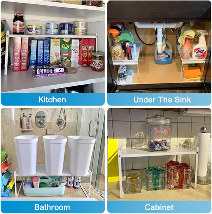 Adjustable Kitchen Shelf Organizer 11" Wide (2 Pack) Heavy-Duty Cabinet Shelves for Countertop, Pantry & Microwave, Expandable Space-Saving Storage Rack with Non-Slip Pads, White