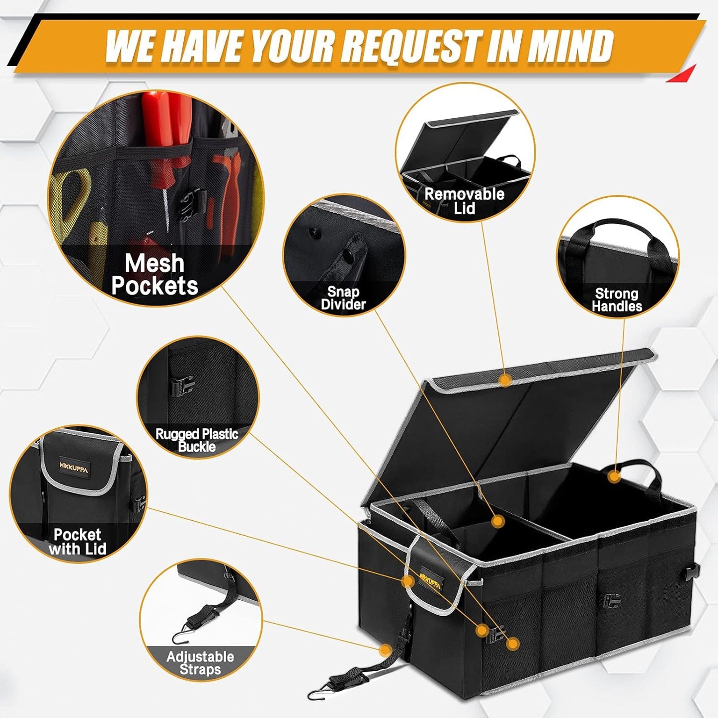 MIKKUPPA Car Boot Organiser - Collapsible Trunk Organizer Sturdy Trunk Storage Organisers Car Trunk Organizer with Lid, for SUV Auto Truck Van with Adjustable Straps and Non Slip Bottom (Black)