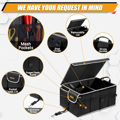 MIKKUPPA Car Boot Organiser - Collapsible Trunk Organizer Sturdy Trunk Storage Organisers Car Trunk Organizer with Lid, for SUV Auto Truck Van with Adjustable Straps and Non Slip Bottom (Black)