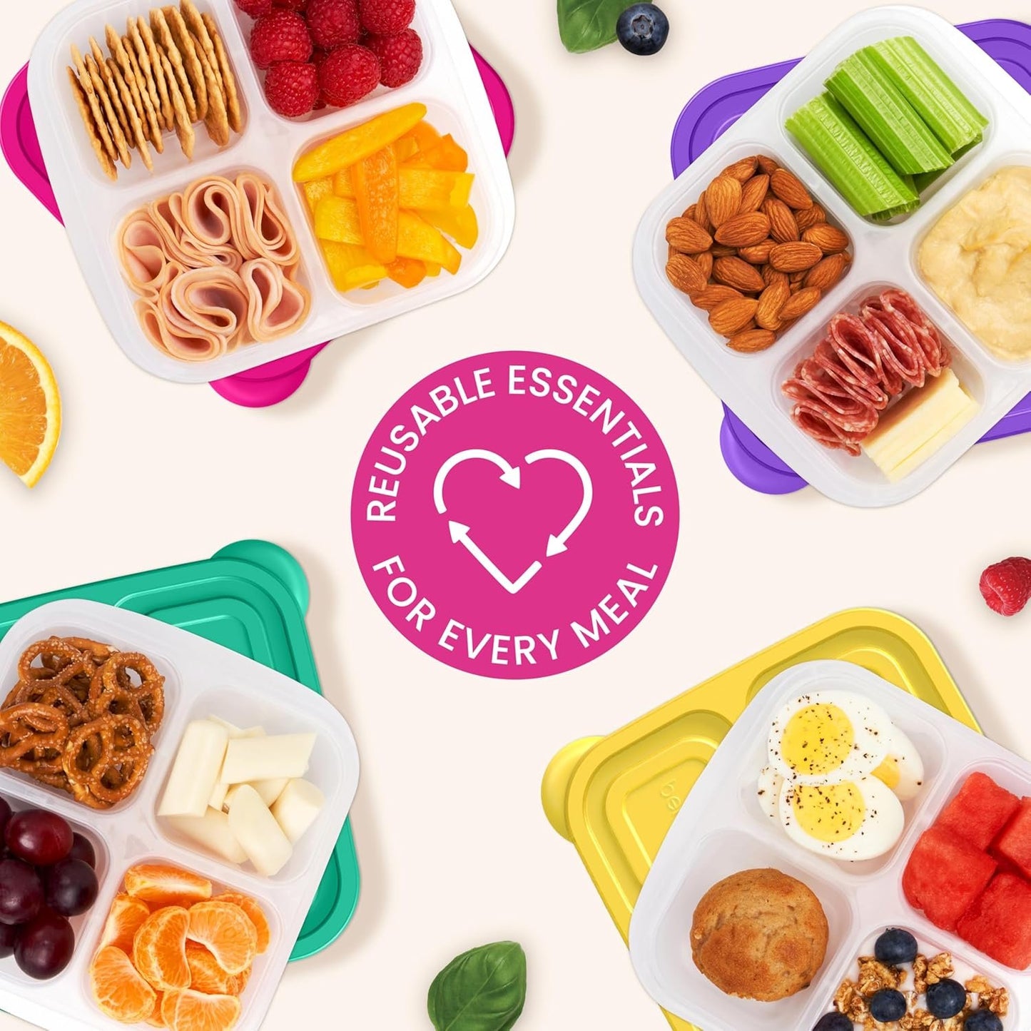 Bentgo Easyboxes 4-Compartment Snack Containers - 8-Piece Set with 4 Trays & 4 Custom-Fit Lids to Seal in Freshness - Reusable Food Storage & Meal Prep Bento BPA-Free Containers (Brights)