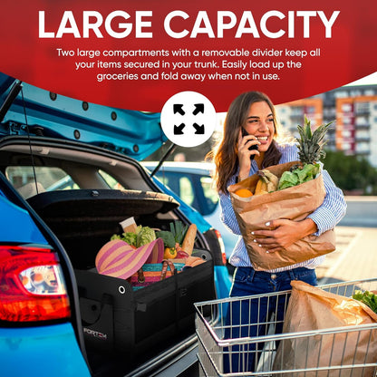 FORTEM SUV Trunk Organizer, Car Organizer, Collapsible Multi-Compartment Storage Bag for Car Accessories for Women Men, Non Slip Bottom, Adjustable Straps, Foldable Cover (Large, Black)