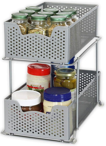 SimpleHouseware 2 Tier Pull-Out Sliding Cabinet Organizer Drawer for Under Sink, Kitchen and Bathroom, Silver