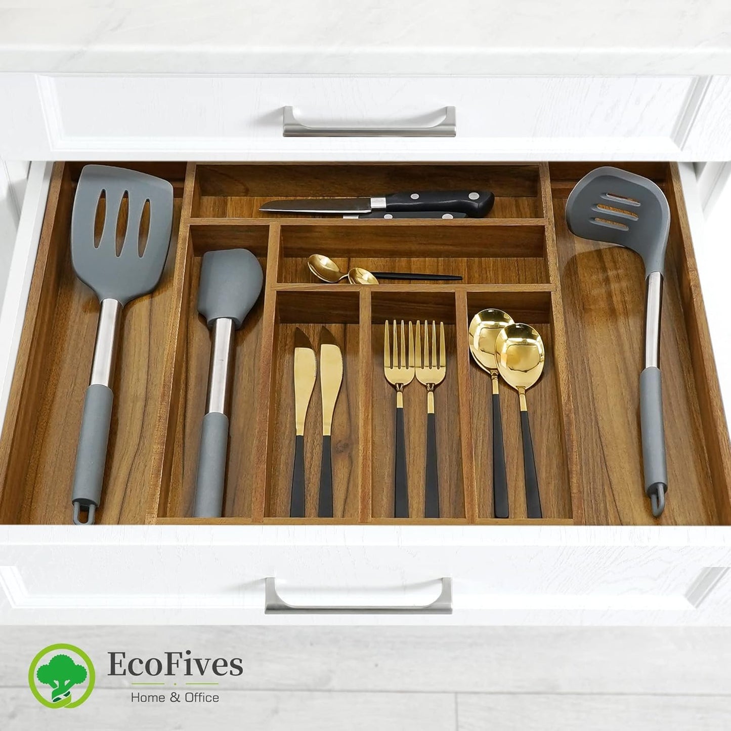 EcoFives Luxury Acacia Kitchen Drawer Organizer - Silverware Organizer - Utensil Holder and Cutlery Tray with Grooved Drawer Dividers for Flatware and Kitchen Utensils (8 Slot)