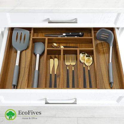 EcoFives Luxury Acacia Kitchen Drawer Organizer - Silverware Organizer - Utensil Holder and Cutlery Tray with Grooved Drawer Dividers for Flatware and Kitchen Utensils (8 Slot)