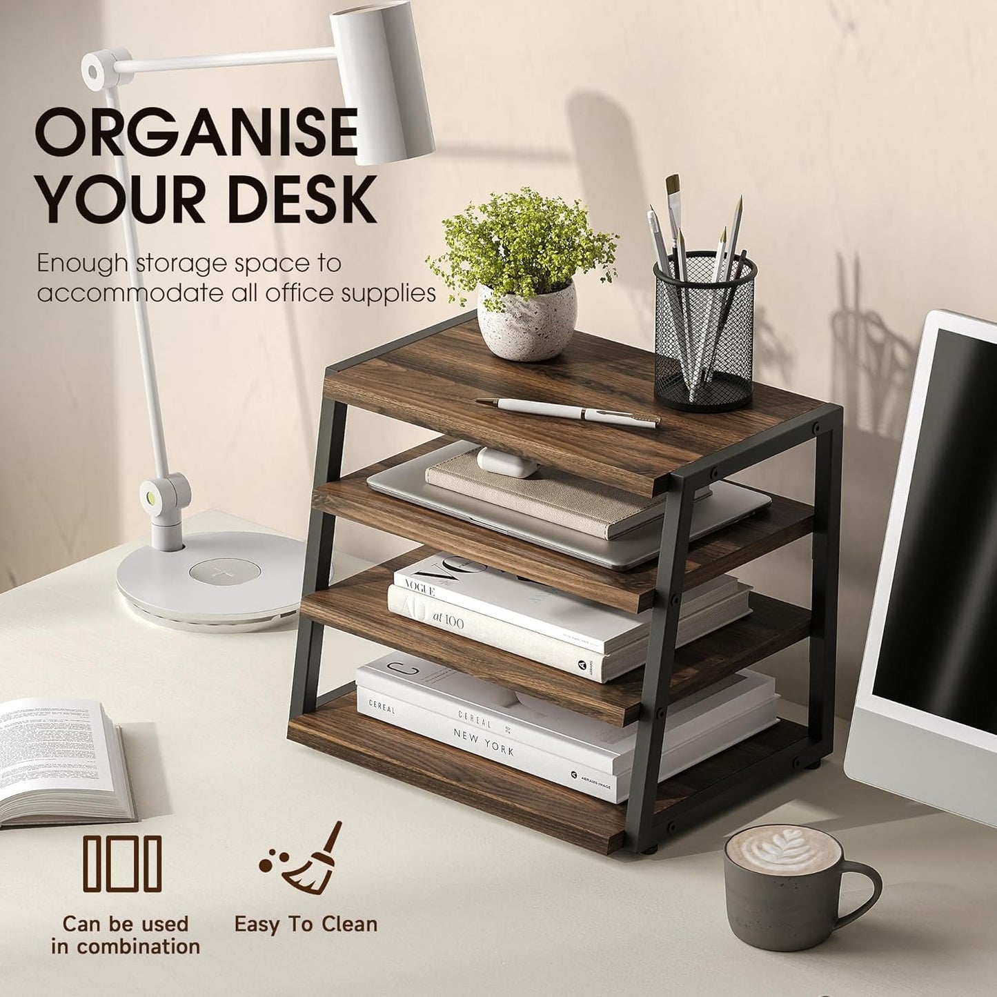 Fenge Desk Organizer, 4 Tier File Organizer for Desk, Wood and Metal Paper Letter Literature Mail Sorter, for Office Supplies and Accessories,Brown