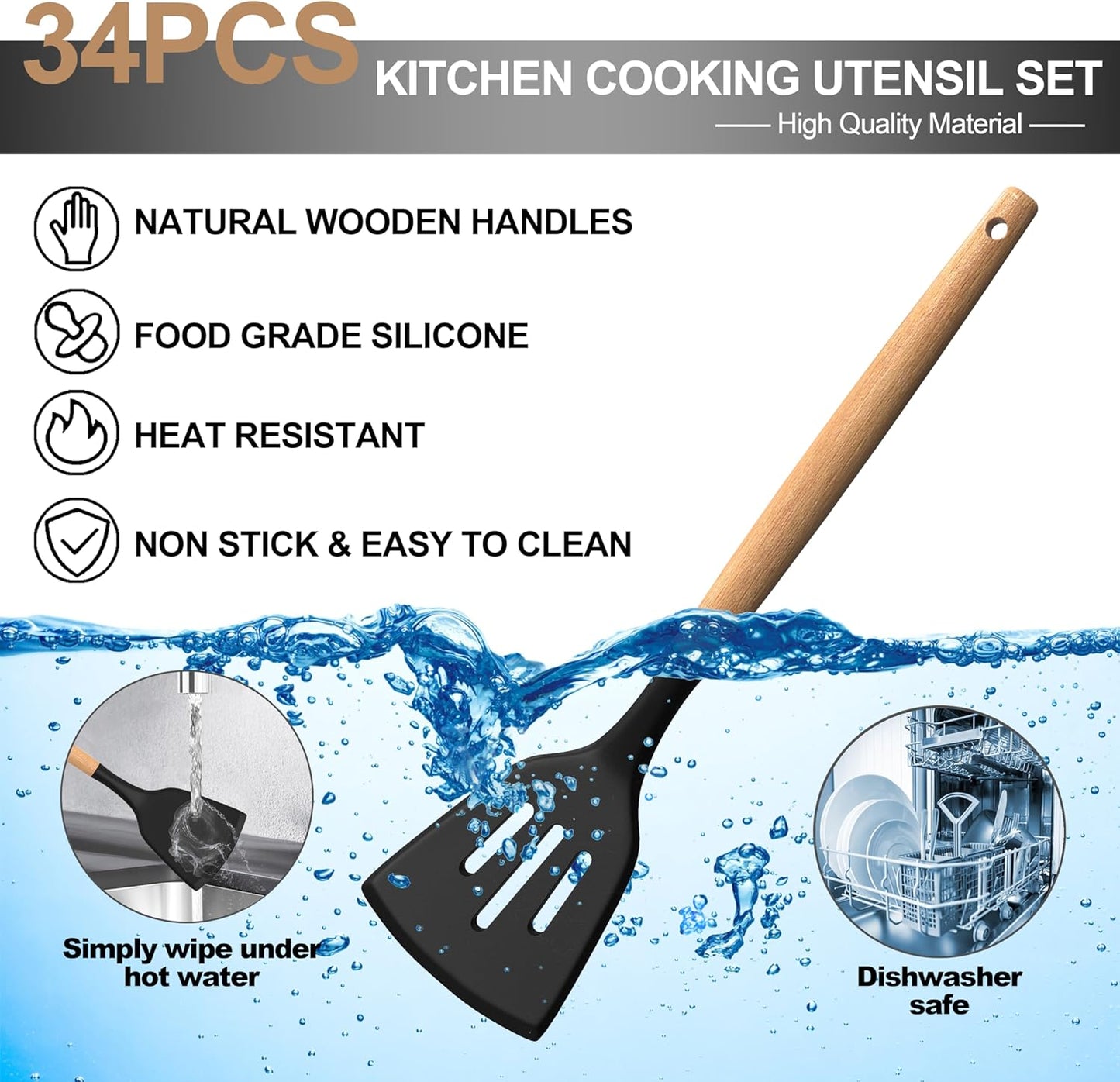 Silicone Cooking Utensils Set, 43Pcs Non-Stick Heat Resistant Kitchen Utensils Spatula Set with Wooden Handle for Baking, Cooking, and Mixing, Best Kitchen Gadgets Tools with Holder (Black)