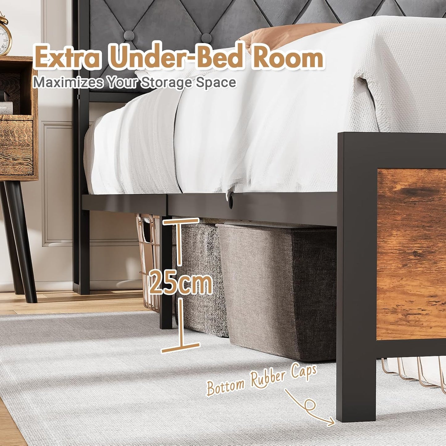 ADVWIN Queen Size Bed Frame, Storage Headboard with Led & Charging Station, Industrial Upholstered Platform Bed with Metal Mattress Base Support, No Box Spring Needed, Rustic Brown & Gray (Queen)