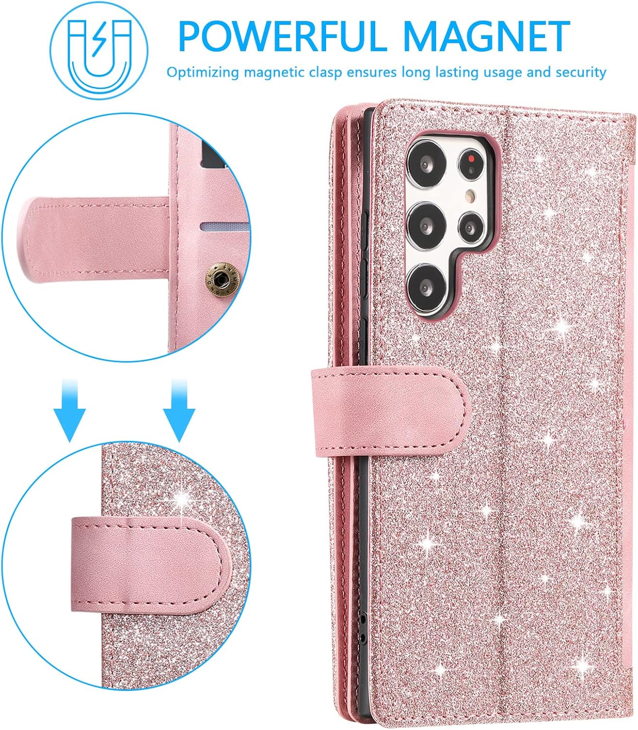 UEEBAI Wallet Case for Samsung Galaxy S22 Ultra 5G, Retro 9 Card Holder Slots Zipper Pocket Handbag Case PU Leather Magnetic Closure Kickstand with Wrist Strap TPU Shockproof Flip Case - Rose Gold