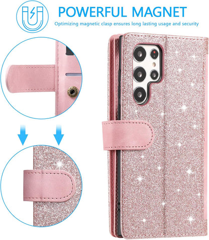 UEEBAI Wallet Case for Samsung Galaxy S22 Ultra 5G, Retro 9 Card Holder Slots Zipper Pocket Handbag Case PU Leather Magnetic Closure Kickstand with Wrist Strap TPU Shockproof Flip Case - Rose Gold