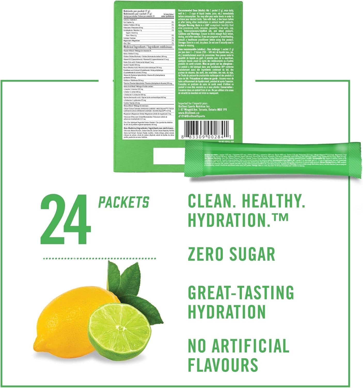 BioSteel Hydration Mix, Proudly Canadian - Great Tasting Hydration with Zero Sugar, and No Artificial Flavours or Preservatives, Lemon Lime Flavour, 24 Single Serving Packets