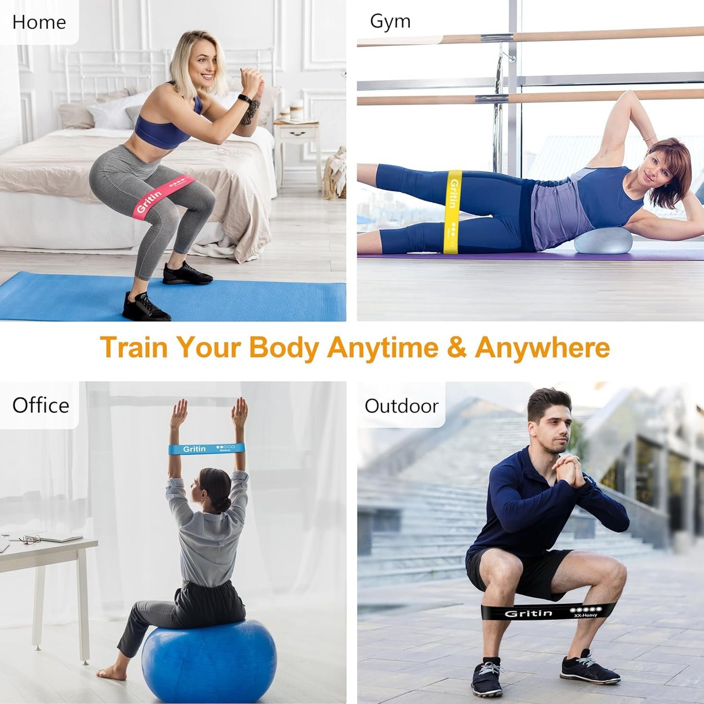 Gritin Resistance Bands, Set of 5 Skin-Friendly Resistance Fitness Exercise Loop Bands with 5 Different Strength Levels - Travel Carrying Case Included - Ideal for Home, Gym, Yoga, Training