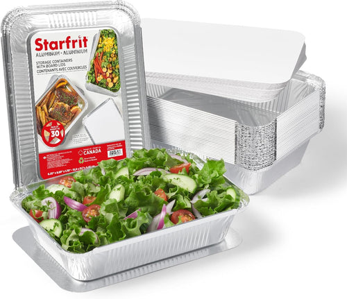 Starfrit (30-Pack) Aluminum Storage Containers with Lids (8.5”x 6”) - 2.25 LB Capacity - Recyclable - Disposable - Oven & Freezer Safe - Perfect for Cooking, Meal Prep & Takeout
