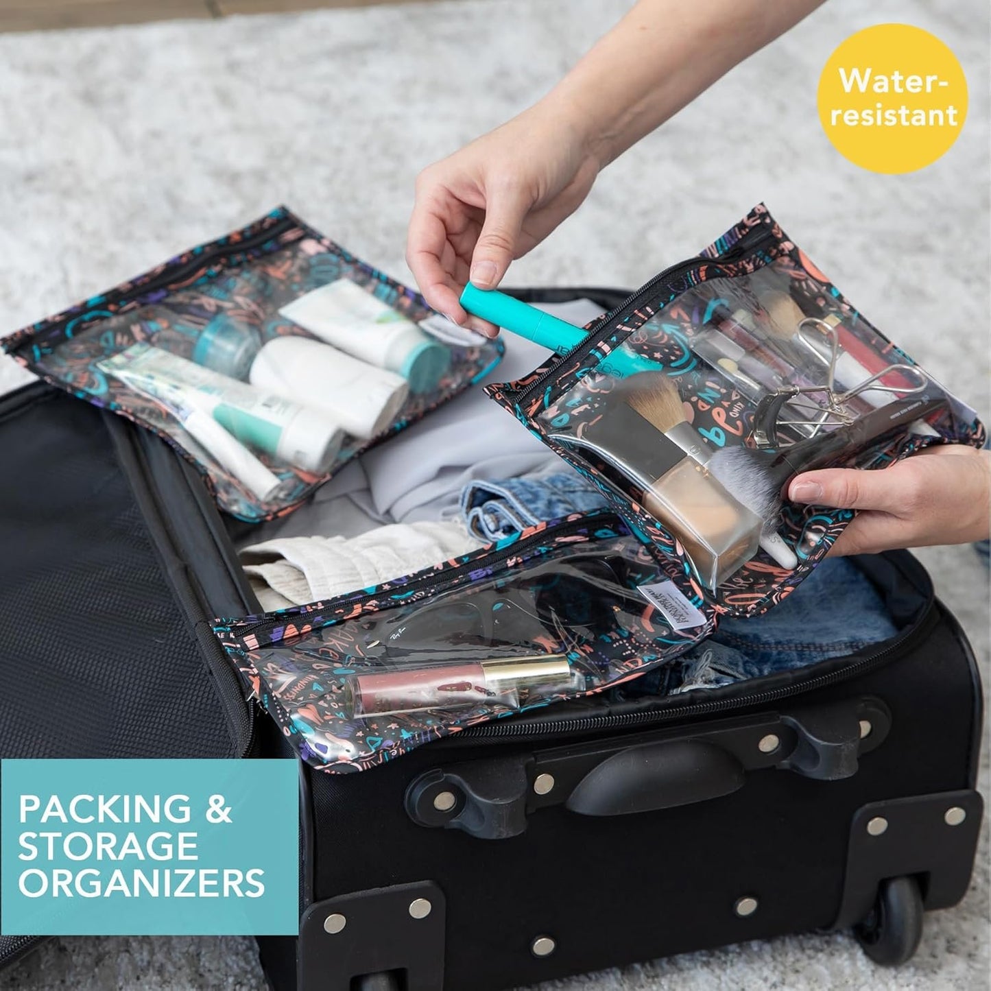 Bumkins Travel Bag, Toiletry, TSA Approved Pouch, Zip Bag, Quart Size Airline Compliant, Clear-Sided, Baby, Diaper Bag Organization, Accessories, Packing, Set of 3 Sizes, Born This Way Kindness