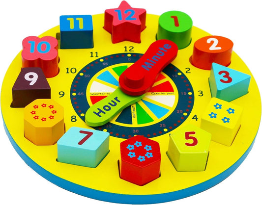 TOWO Wooden Shape Sorting Clock-Learning to Tell The Time - Wooden Teaching Clock with Numbers and Shapes Sorting Puzzle â€“ Educational Toys for 3 Years Old