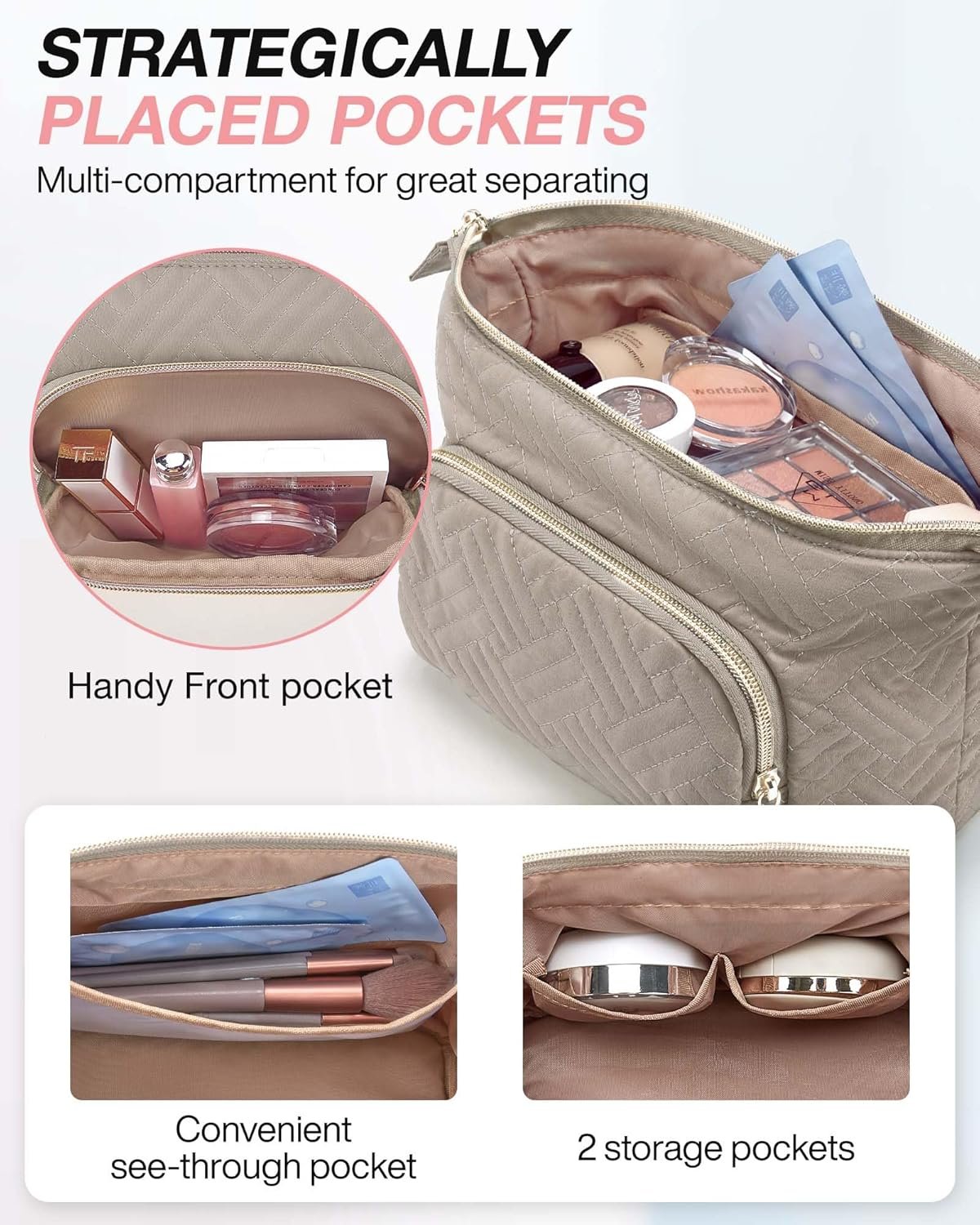 BAGSMART Travel Makeup Bag, Cosmetic Bag Make Up Organizer Case,Large Wide-open Pouch for Women Purse for Toiletries Accessories Brushes, Tranquil Gray, Small