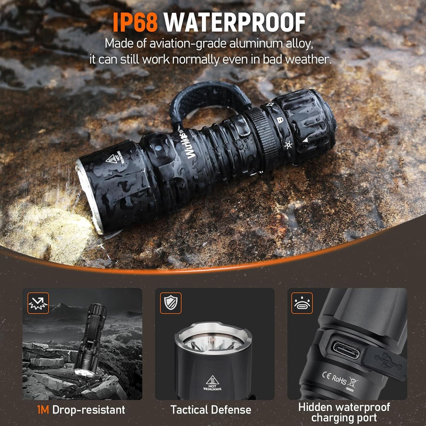 Wurkkos TD07 LED Tactical Flashlight,USB-C Rechargeable Flashlights,1300 High Lumen EDC Small Flashlight,Turbo/Strobe Momentary,IP68 Waterproof,6 Lighting Modes,Flash Light for Emergency Camping