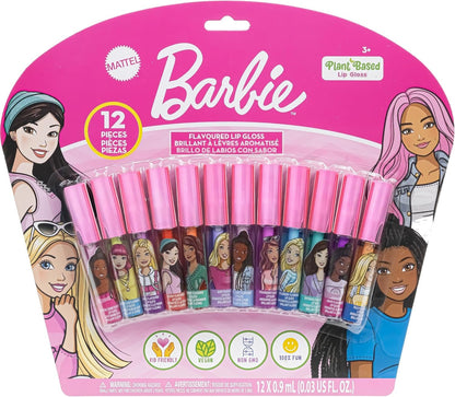 Barbie 12 Piece Plant Based Lip Gloss, Girls Party Favors, First Makeup Set for Girl, Perfect for Parties, Sleepovers, and Birthday Gifts, Ages 3+, by Townley Girl