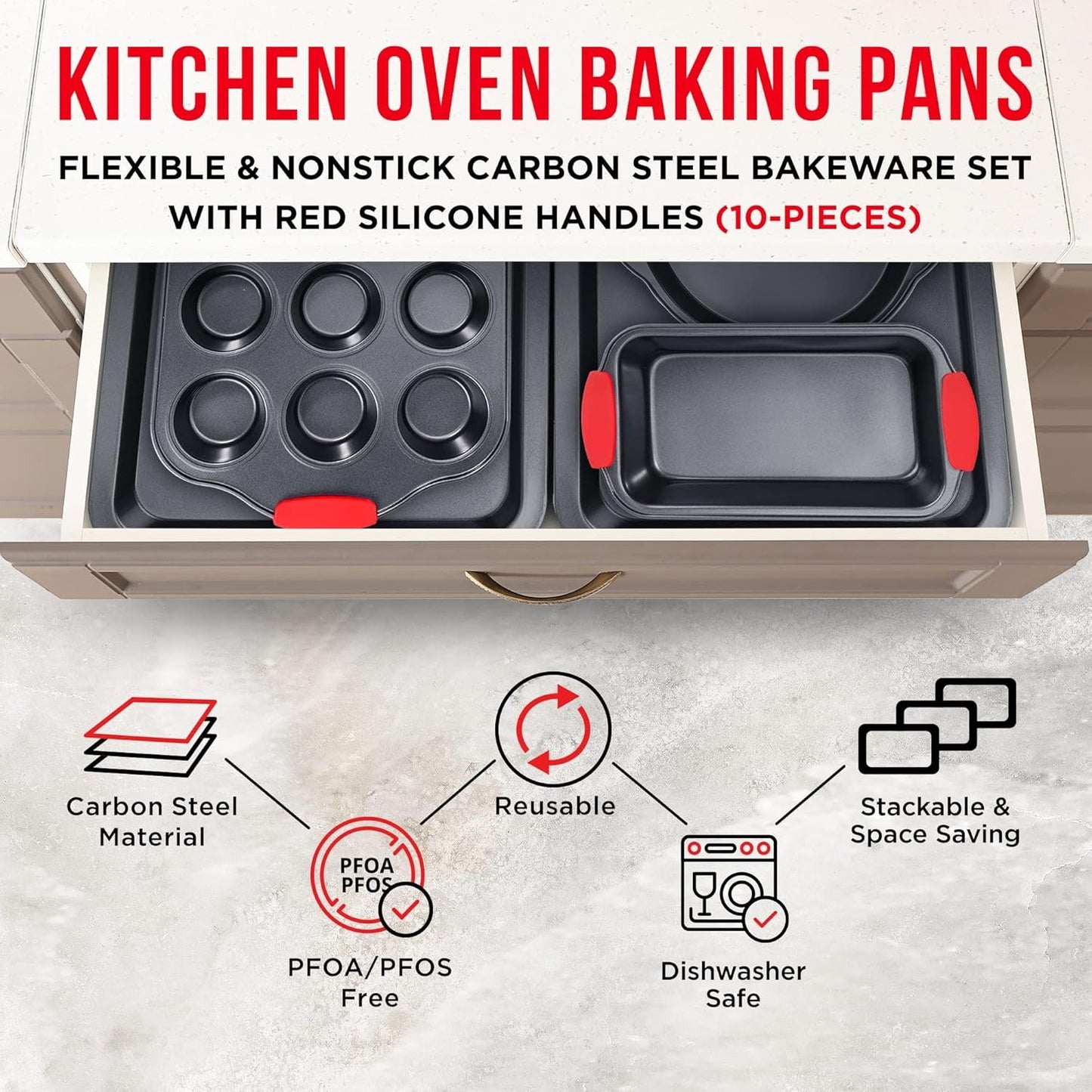 Baking Set – 10 Piece Kitchen Oven Bakeware Set – Deluxe Non-Stick Blue Coating Inside and Outside – Carbon Steel – Red Silicone Handles – PFOA PFOS and PTFE Free by Bakken,Black