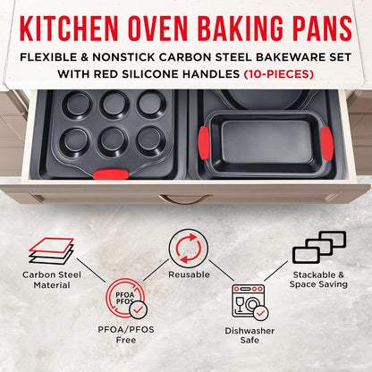 Baking Set – 10 Piece Kitchen Oven Bakeware Set – Deluxe Non-Stick Blue Coating Inside and Outside – Carbon Steel – Red Silicone Handles – PFOA PFOS and PTFE Free by Bakken,Black