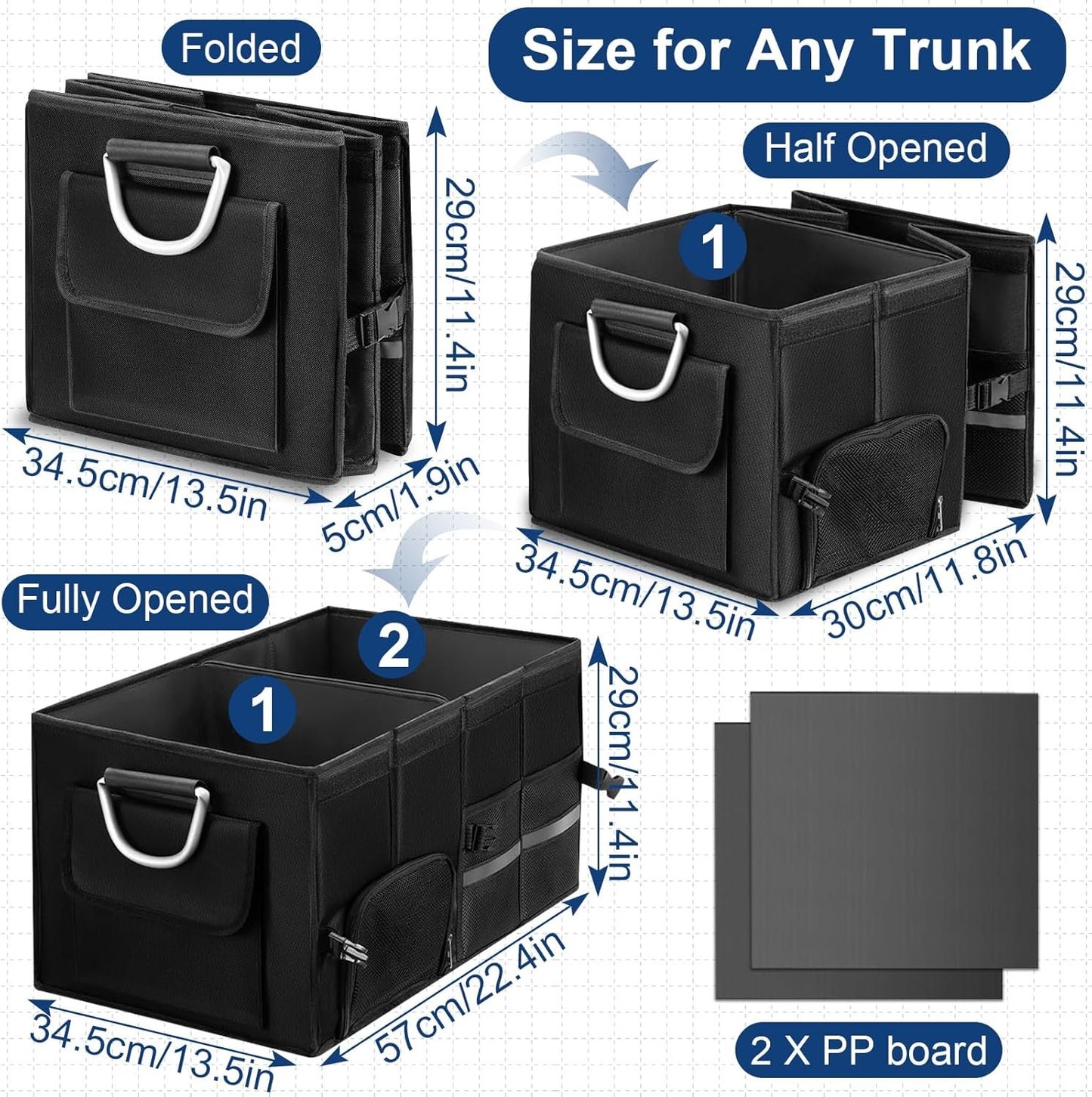 Car Trunk Organizer, Vehicle Boot Organizer 60L Collapsible Multi Compartment Boot Tidy Storage Box for SUVs, RV, Sedans, 600D Adjustable Auto Back Cargo Organisers Car Accessories (Black-55L)