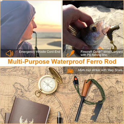 Fire Starter Survival Tool - Handmade Wooden Handle 3/8"" Thick Ferro Rod with Striker and Umbrella Rope Waterproof Iron Rod Flint and Steel Fire Starter Kit