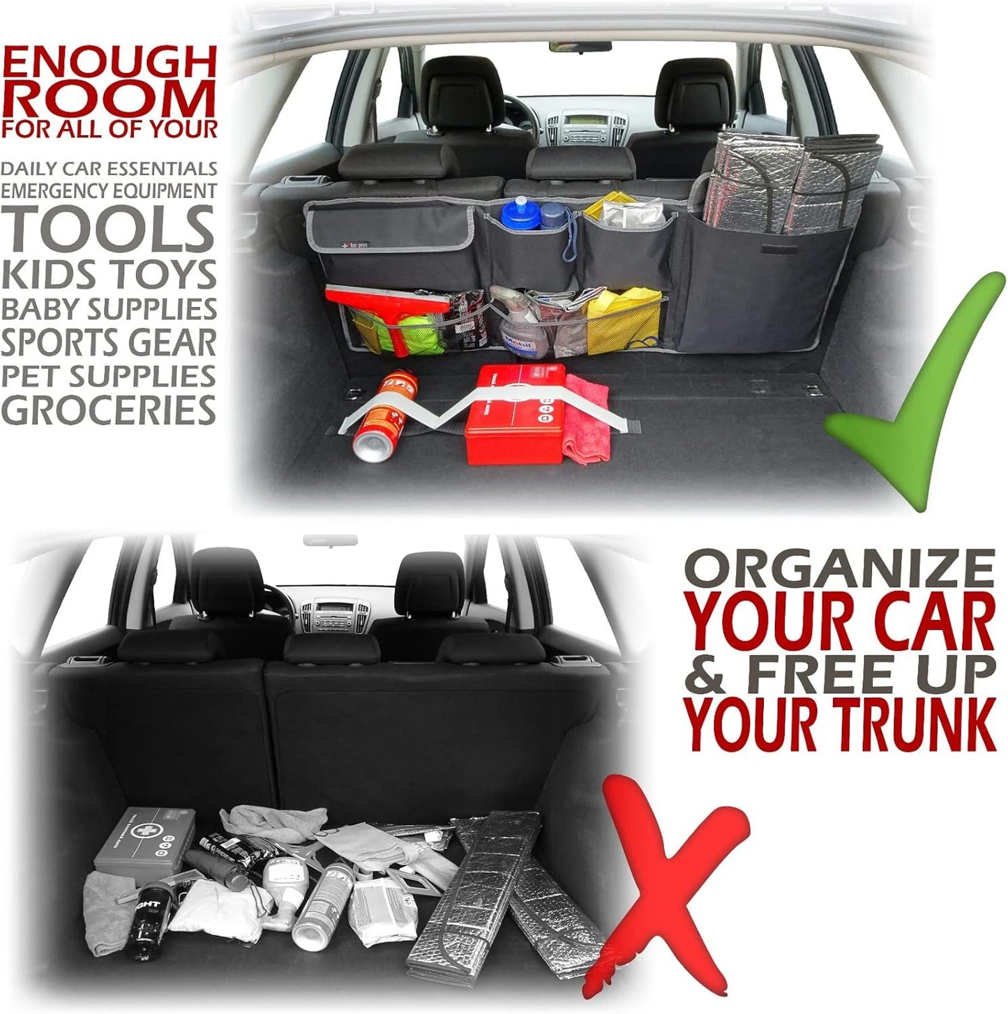 Car Backseat Trunk Organizer - Auto Hanging Seat Back Storage - Multipurpose Cargo Accessory - Space Saving Facilitator for SUV, Hatchback, Crossover, Minivan