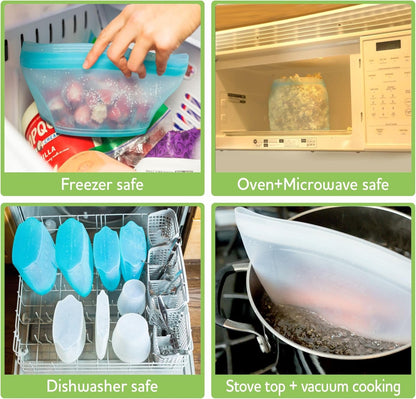Zip Standing Reusable Silicone Food Storage Bag, Set of 6 White Stand Up Food Storage Container, Reusable Zipper seal bag, no lid required, for Food Storage& Meal Prep, Freezer Oven Dishwasher - Safe
