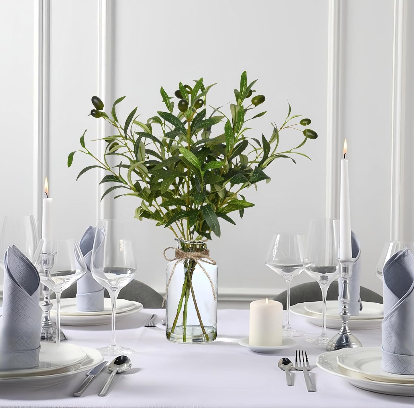 Avoik Artificial Plants Olive Branch in Glass Vase, 14.5” Fake Plant Greenery Stems with Olive Branches Faux Eucalyptus Stems for Home Office Farmhouse Wedding Table Centerpiece Décor