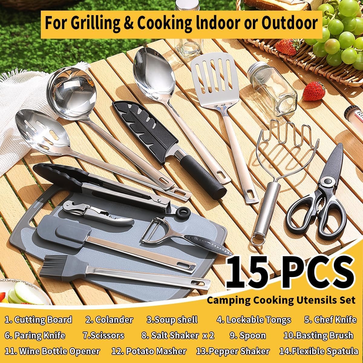 ReaNea Essential Accessories for Camping Must Haves, Camping Kitchen RV Set of Kitchen Utensils Backpackers Camper Supplies Outdoor Gadgets
