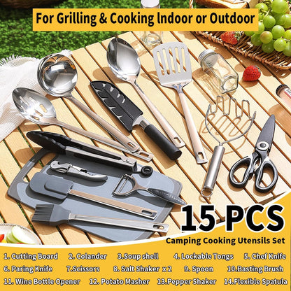 ReaNea Camping Essentials Accessories Camping Gear Must Haves, Cooking Utensils Set Rv Camping Kitchen Backpacking Supplies Camper Gadgets Outdoor Hiking Travel Picnic Gifts