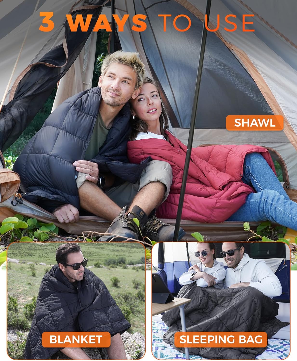 KingCamp XL Oversize Packable Lightweight Travel Down Alternative Warm Camping Blanket, Large Compact Outdoor Waterproof Insulated Blanket for Airplane, Hiking, Backpacking, Stadium, Park, Black