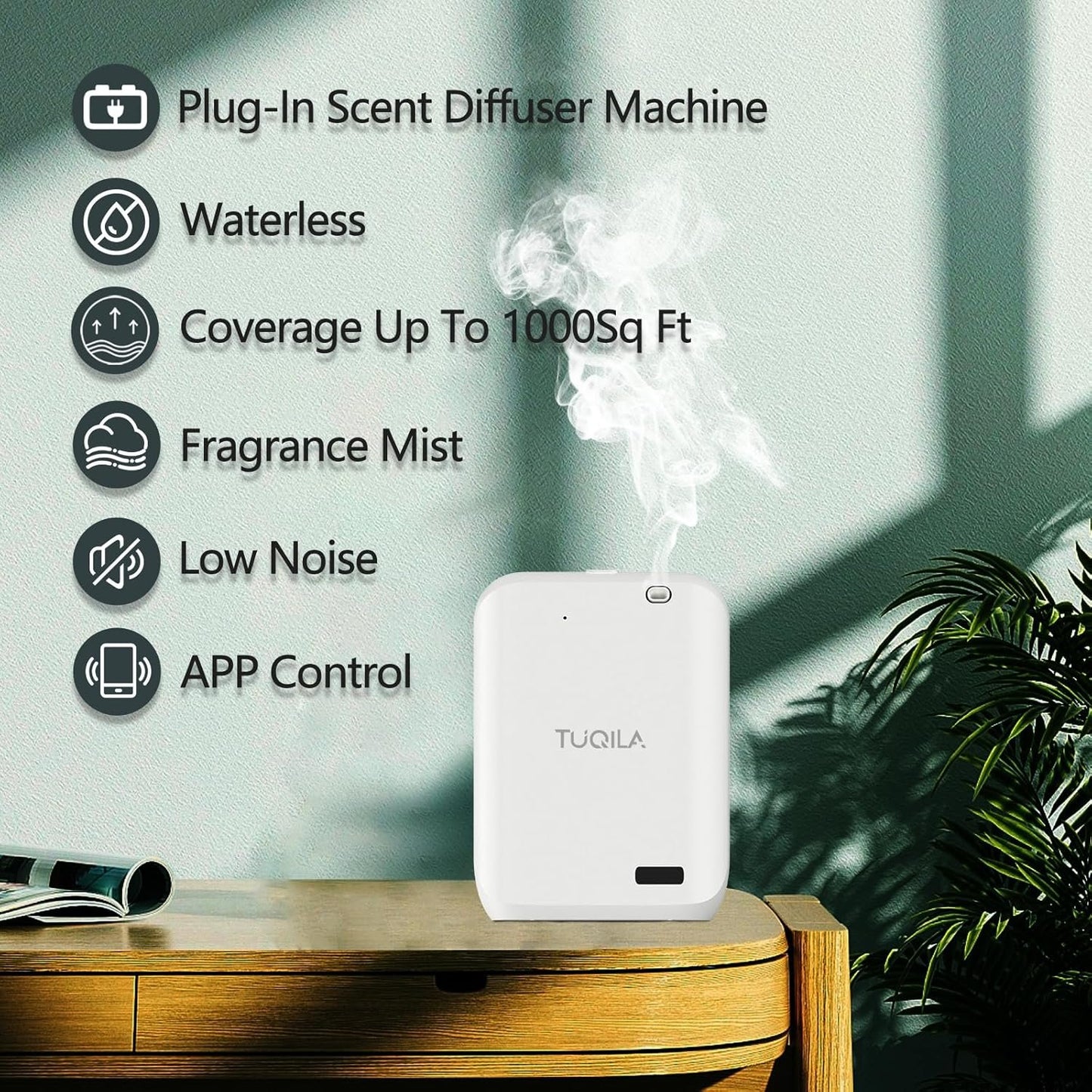 Tuqila Hotel Waterless Oil Diffuser Cold Air Technology 1000 sq.ft, APP Control Smart Scent Diffuser Clean Air Machine Essential Oil 150 ML, Wall Mounted Diffusion for Home, Hotel, Office (White)