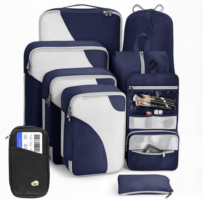 TOP G 9-Piece Packing Cubes Set for Travel â€“ 4 Sizes (XL, L, M, S) Luggage Organizer Bags with Passport Holder for Carry-On Suitcases and Travel Accessories Navy