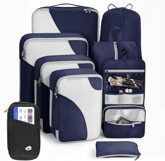 TOP G 9-Piece Packing Cubes Set for Travel â€“ 4 Sizes (XL, L, M, S) Luggage Organizer Bags with Passport Holder for Carry-On Suitcases and Travel Accessories Navy