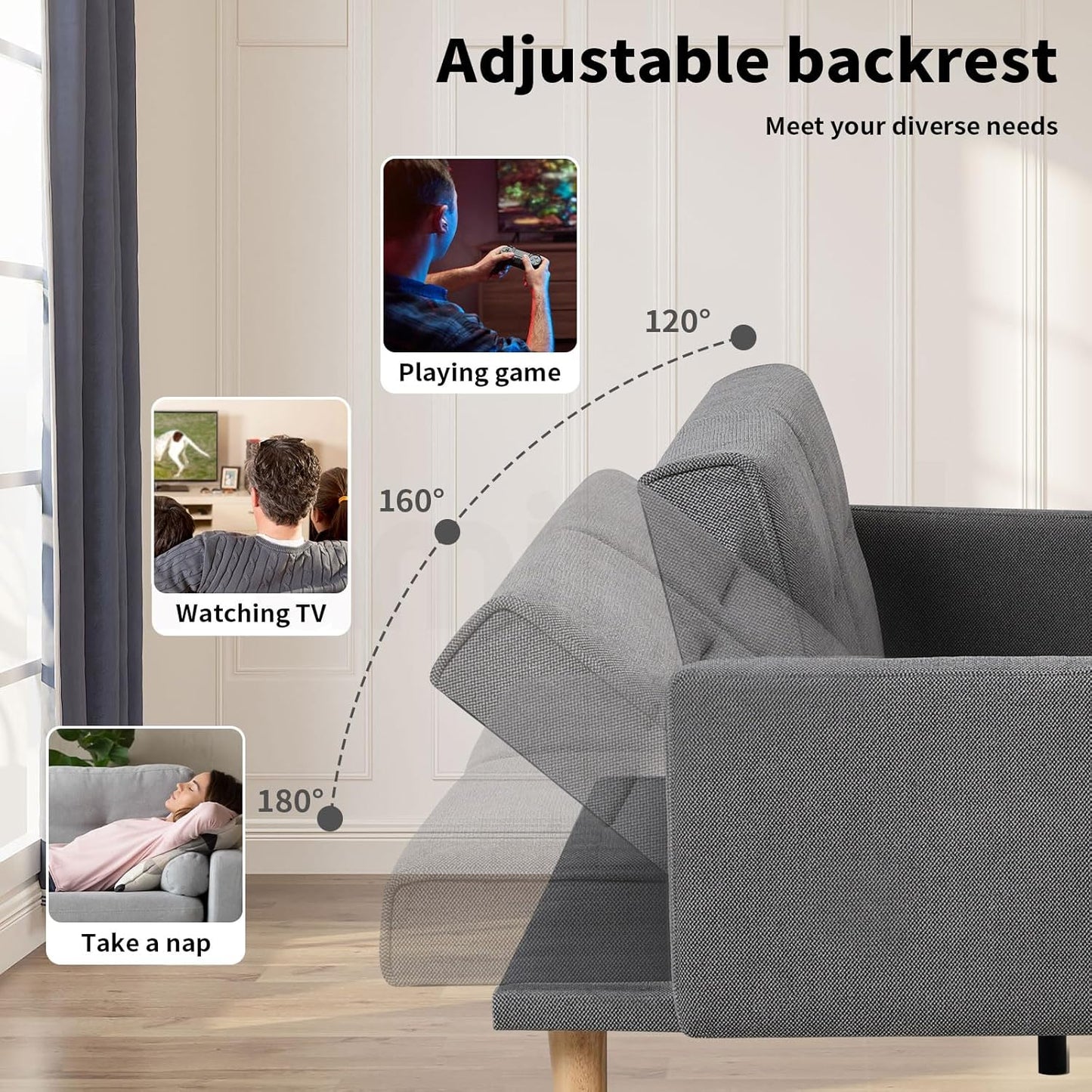 Familand 3 Seater Convertible Futon Sofa Bed, Linen Loveseat Sofa Couch, Recliner Sofa Lounge with 3 Adjustable Backrest, Comfy Couch for Small Spaces, Living Room, Bedroom,Load Up to 300kg,Grey