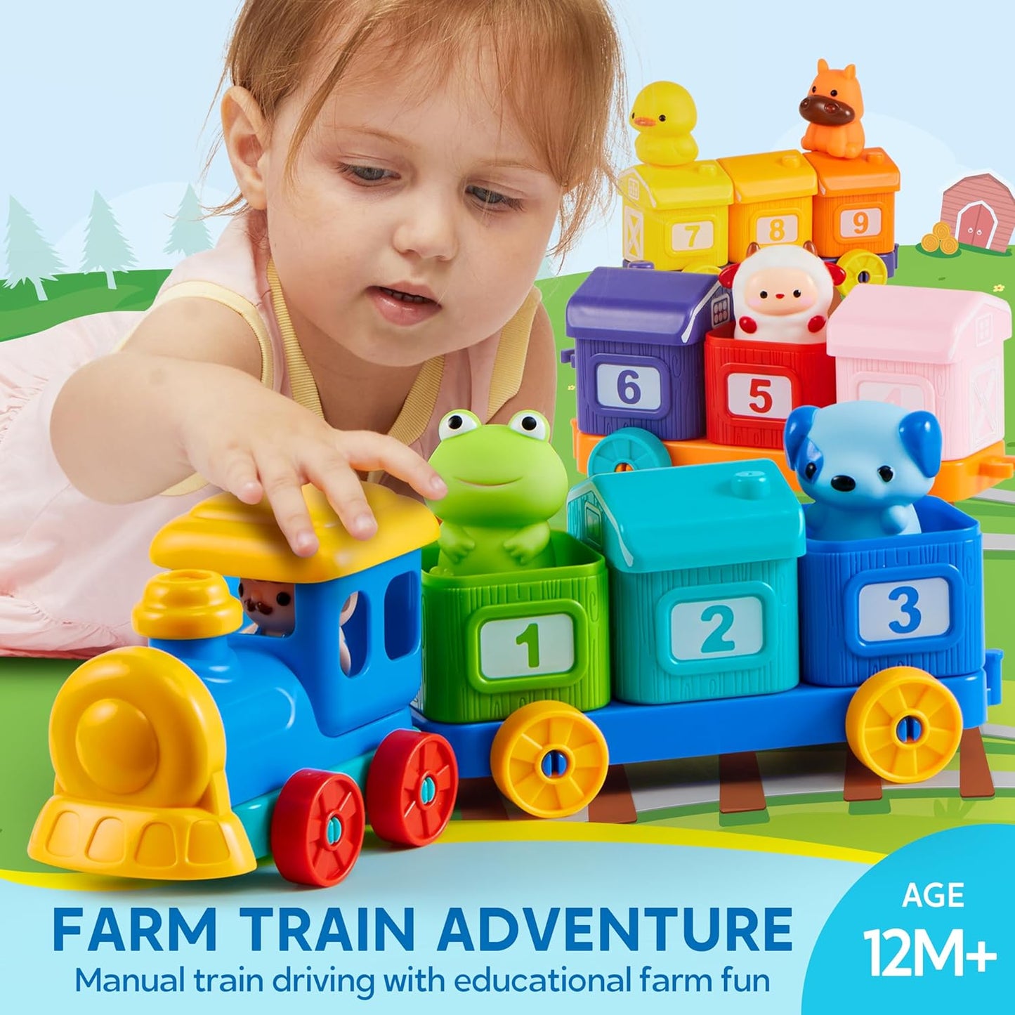 Play-Act Learning Toy for Toddlers 1 2 3 Years Old, Counting, Matching & Sorting Montessori Learning Farm Train Including 9 Farm Animals and 1 Farmer, Christmas Birthday Gift for Baby Boys Girls