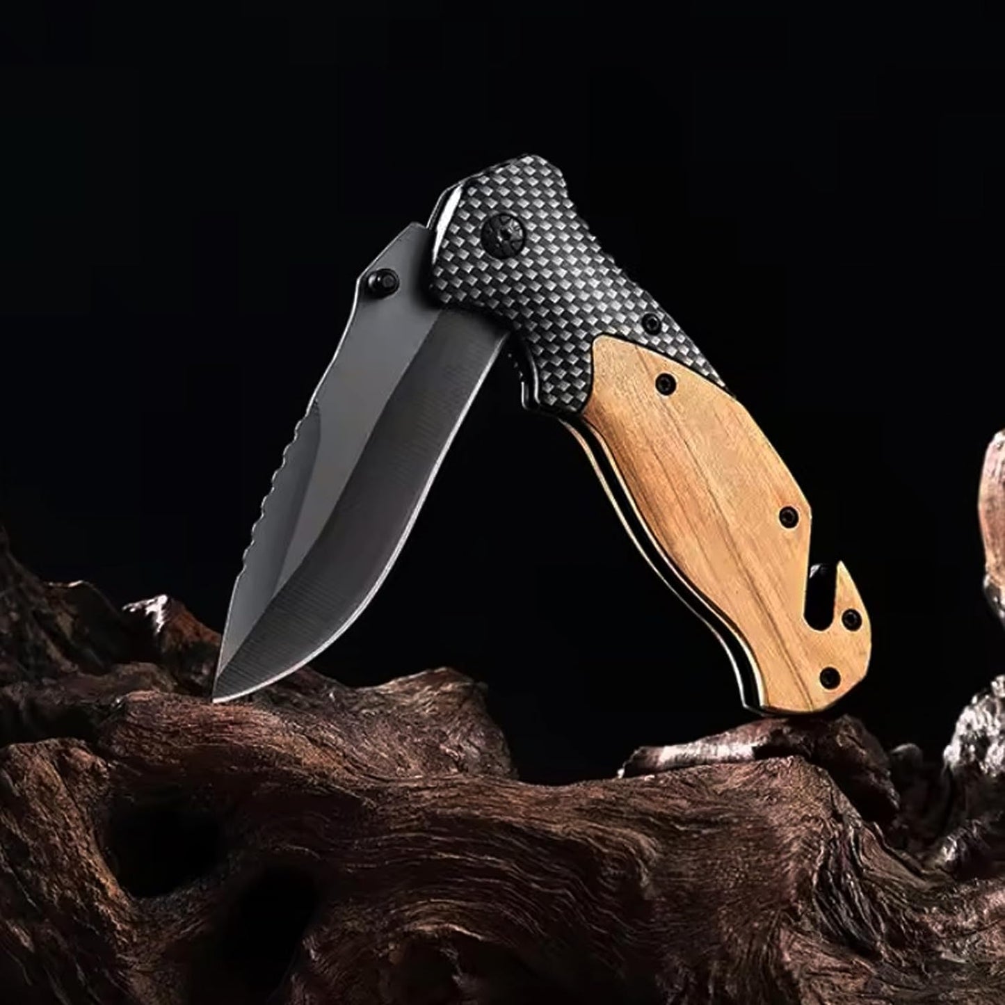 EDC Folding Knife-Pocket knife-Glass Breaker, Seatbelt Cutter, Perfect for Camping,Everyday Carry Knife for Men and Women-Indoor/Outdoor-Wooden Handle