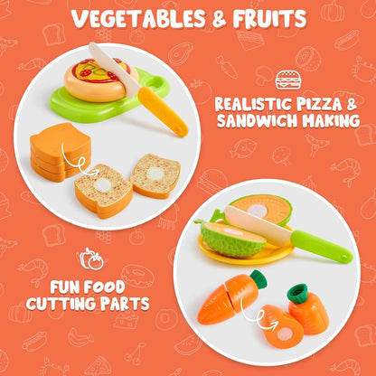 JOYIN 68Pcs Cutting Play Food Toy for Toddlers Kitchen, Fake Food for Kids Play Kitchen, Includes Plastic Fruit &Vegetables, Storage Basket, Mini Dishes and Knife, Pretend Play Toys, Toddler Gifts